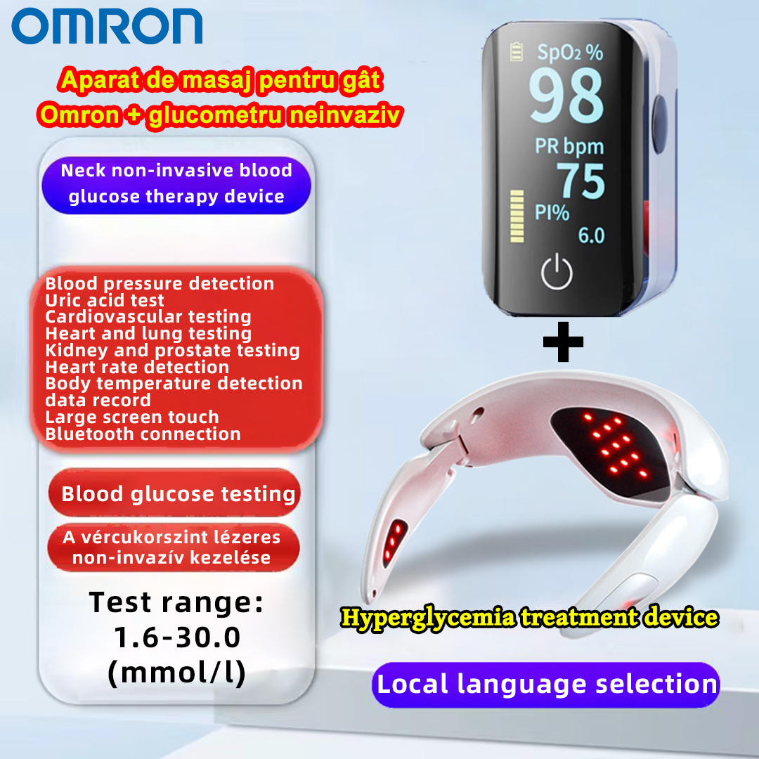 Omron [Neinvazivni laserski tretman šećera u krvi] Laser za snižavanje šećera u krvi na vratu + neinvazivni mjerač glukoze u krvi (Hrvatski jelovnik, cjelovit fizikalni pregled, mjerenje šećera u krvi, mjerenje krvnog tlaka, test mokraćne kiseline, test kardiovaskularnog sustava, kardiopulmonalni test, bubrezi test), test prostate, mjerenje otkucaja srca, mjerenje tjelesne temperature), snimanje podataka, veliki ekran, Bluetooth veza)